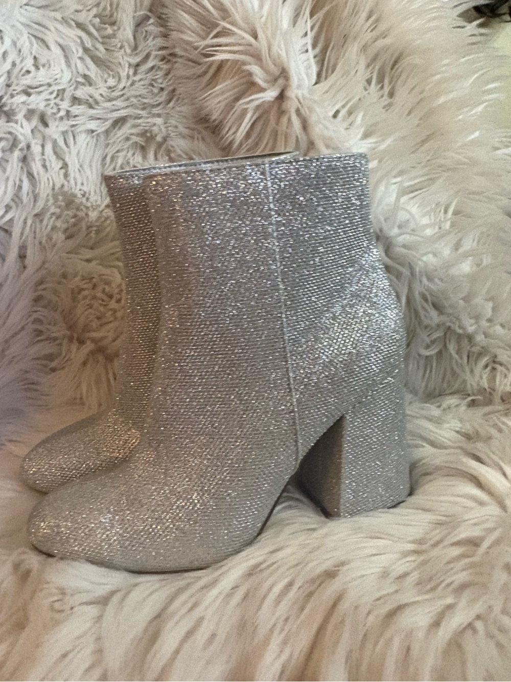 Silver Glitter Block Heel Ankle Boots - Women's